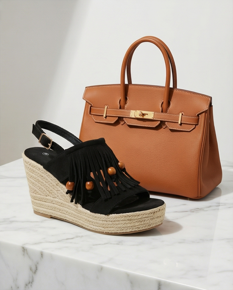 Sandalia Cuña Esparteña con Flecos y Cuentas de Madera Mujer | Estilo Boho-Chic | Negro | Tallas 36-41