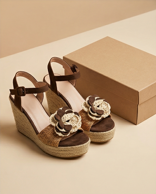 Sandalia Cuña Esparteña con Flor de Rafia y Pulsera Mujer | Estilo Mediterráneo | Camel | Tallas 36-41