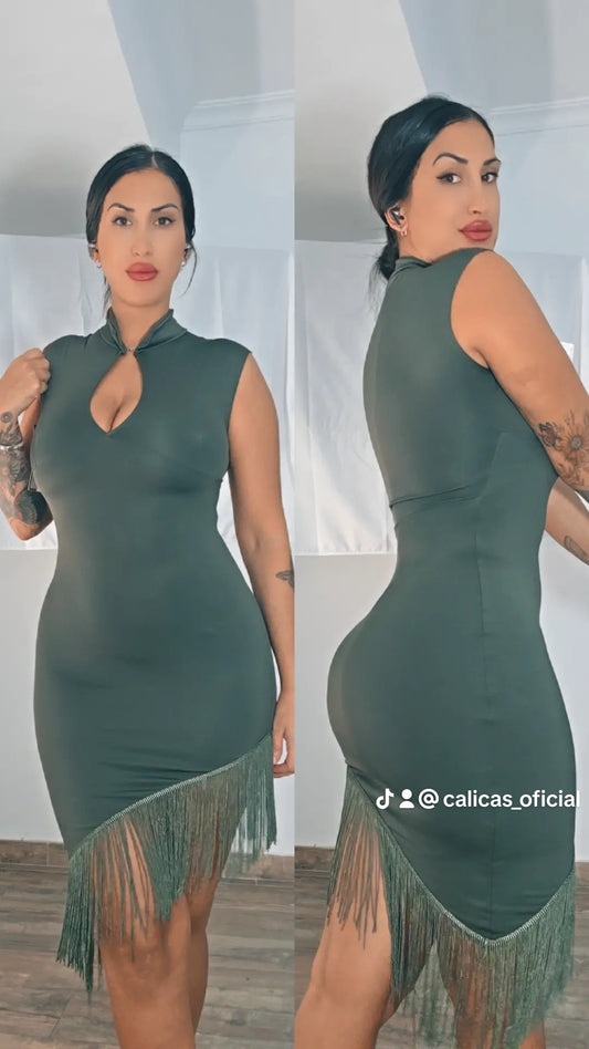 Vestido ESTHER con Flecos y Escote Lágrima – Tejido Elástico