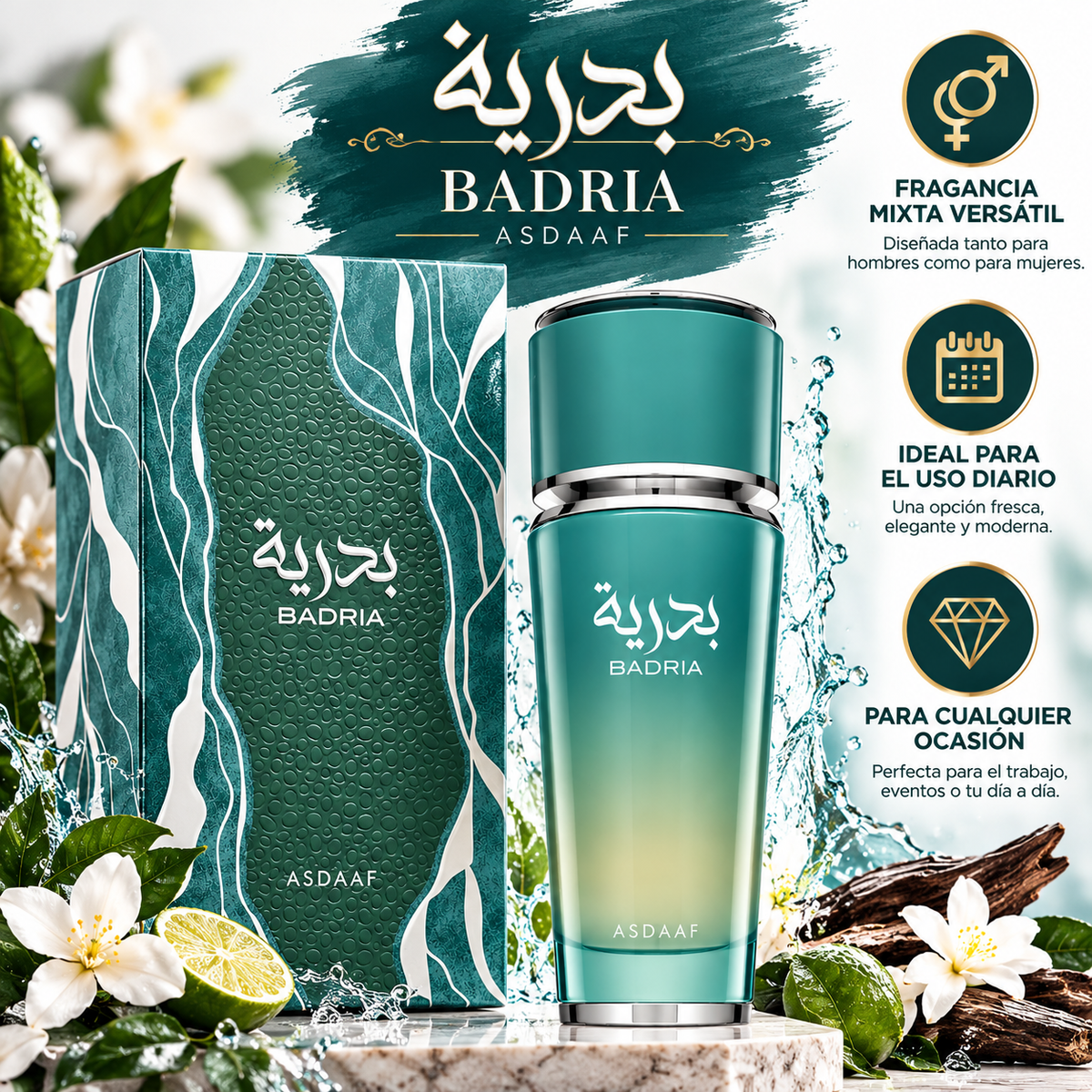 Frasco y estuche Badria de Asdaaf con flores blancas, cítricos, maderas y efectos de agua