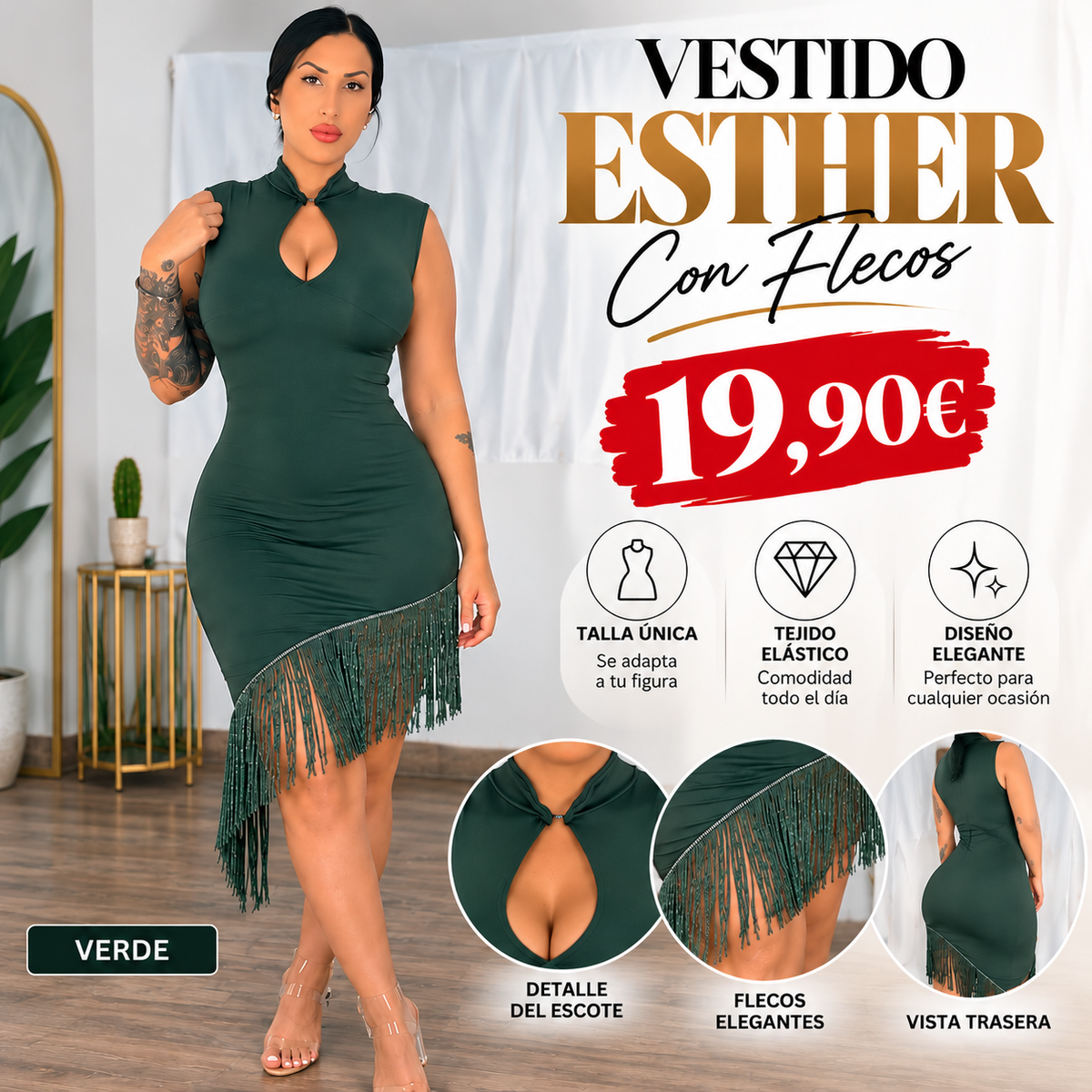 Vestido ESTHER verde con detalles del escote lágrima, flecos y vista trasera