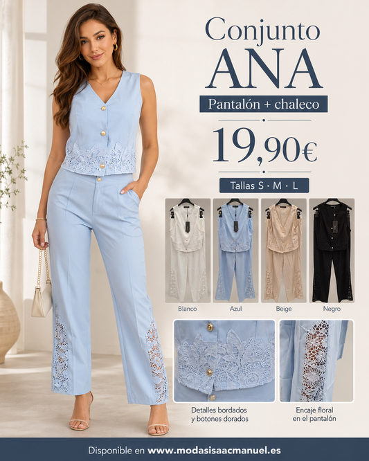 Conjunto de Dos Piezas "ANA" | Chaleco y Pantalón con Bordado Floral