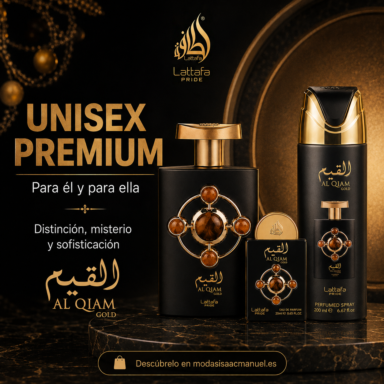 Lattafa Pride Al Qiam Gold Set | Estuche de Lujo Unisex (EDP 100ml + EDP 20ml + Deo 200ml)