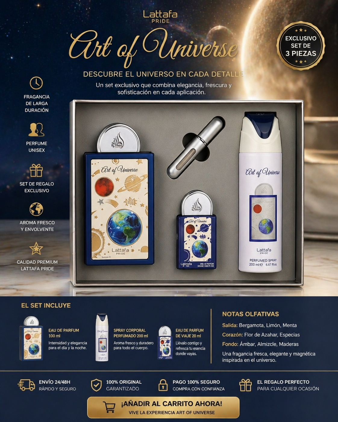 Set Art Of Universe Pride Lattafa | EDP 100ml + Spray 200ml + Mini 20ml