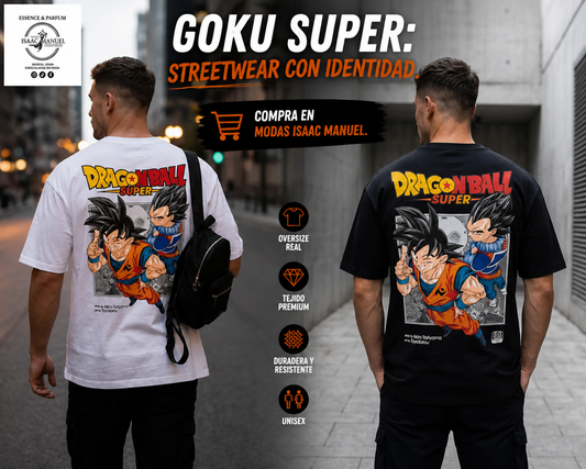 Camiseta Oversize Dragon Ball Super Goku Hombre | Logo Pecho + Ilustración Espalda | Negro, Gris y Blanco | Tallas S-XL QQ2327