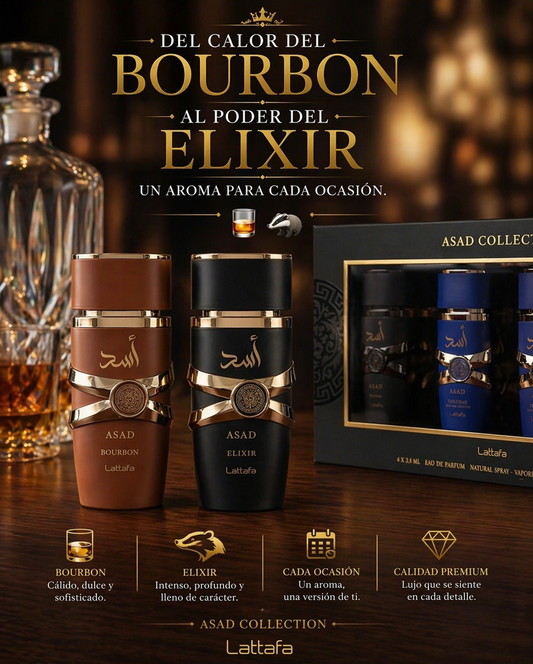 Set Lattafa Asad Collection 4 x 25ml | Asad Elixir, Zanzibar Limited Edition, Bourbon y Negro | Estuche de Lujo + REGALO MUESTRA GRATIS