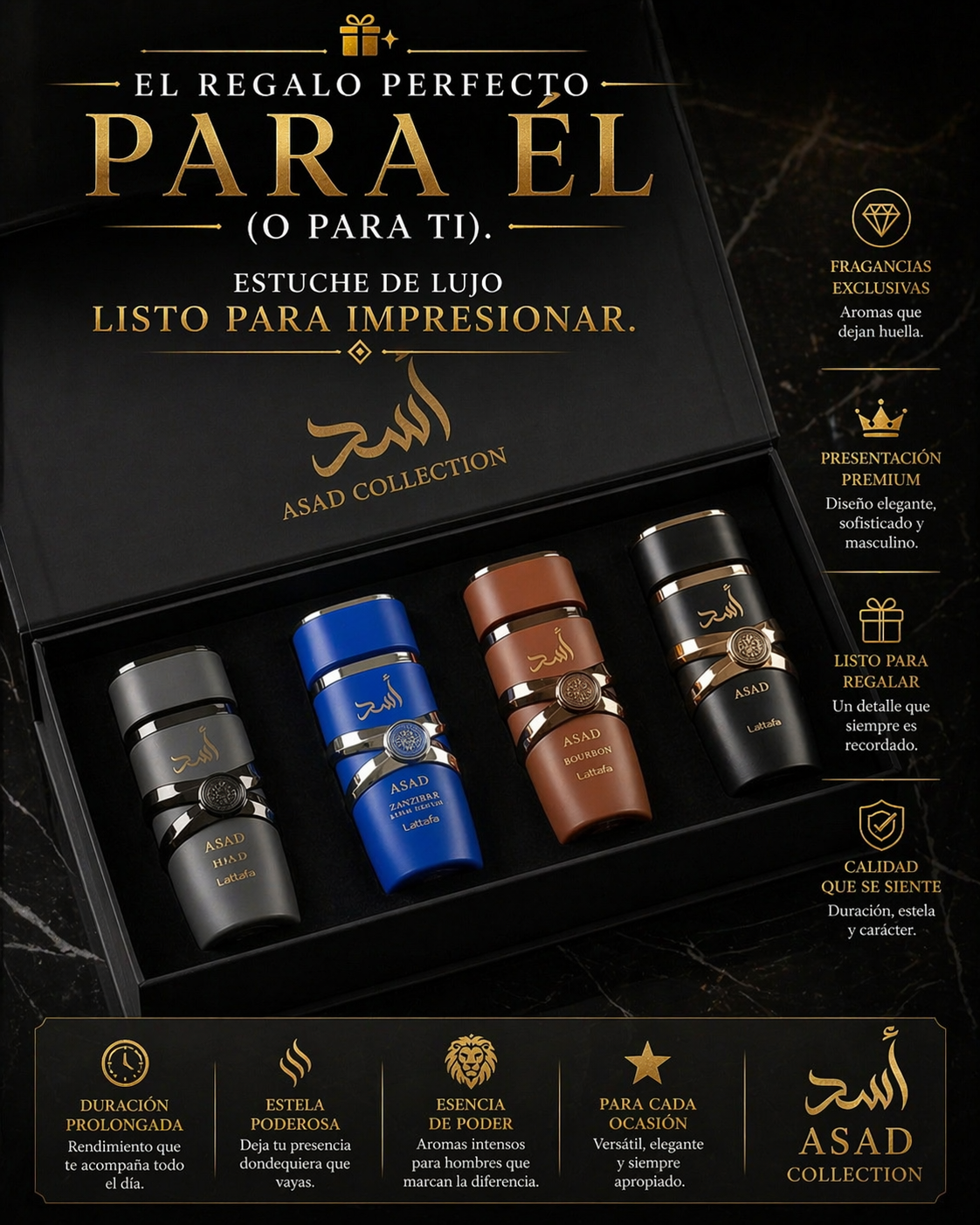 Set Lattafa Asad Collection 4 x 25ml | Asad Elixir, Zanzibar Limited Edition, Bourbon y Negro | Estuche de Lujo + REGALO MUESTRA GRATIS