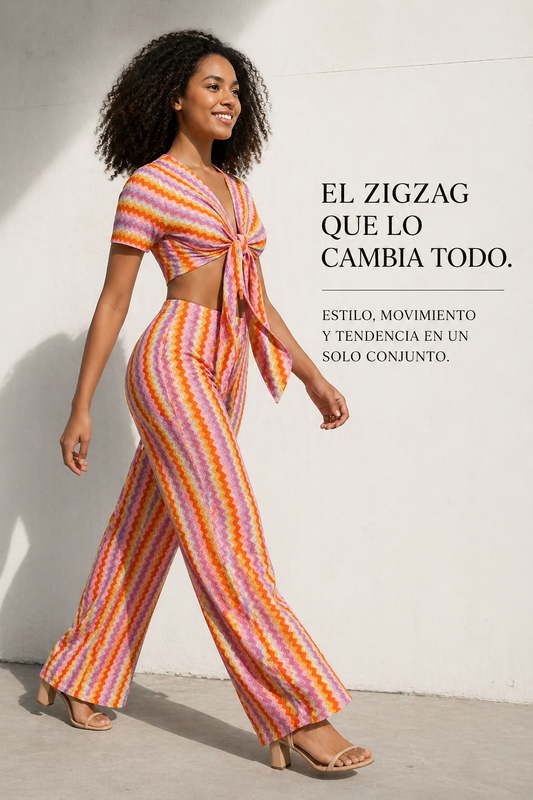 Conjunto Crop Top y Pantalón Pierna Ancha Rayas Zigzag Mujer | Talla Única | Naranja, Azul, Rosa y Negro