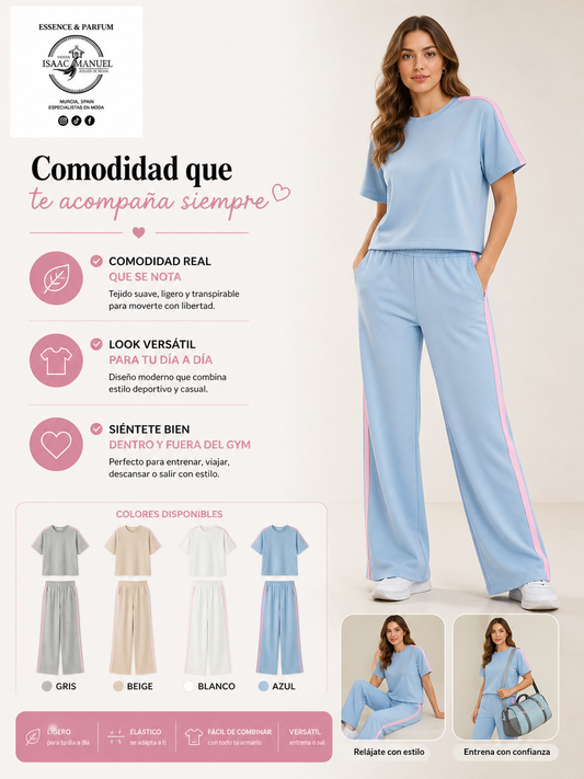 Conjunto Deportivo Mujer Camiseta Manga Corta y Pantalón Pata Ancha | Talla Única | Amarillo, Beige, Gris, Blanco y Azul