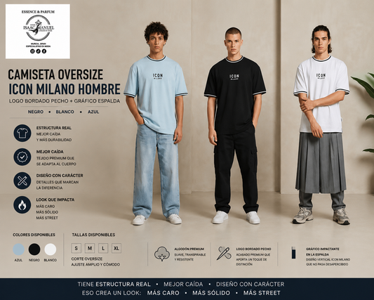 Camiseta Oversize Icon Milano Hombre | Logo Bordado Pecho + Gráfico Espalda | Negro, Blanco y Azul | Tallas S-XL