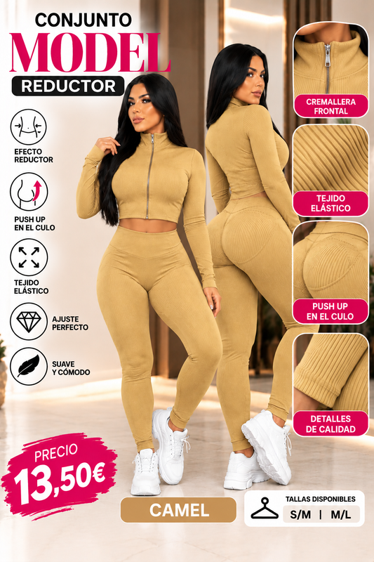 Conjunto MODEL camel de dos piezas con detalles del tejido acanalado y costuras de los leggings
