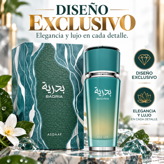 Badria de Asdaaf, frasco azul verdoso junto a su estuche con decoración floral y mensajes promocionales