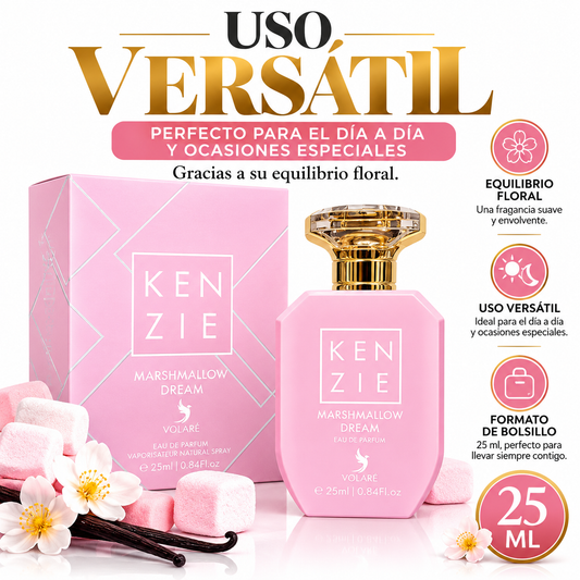 Kenzie Marshmallow Dream de 25 ml junto a flores blancas, malvaviscos y vainas decorativas