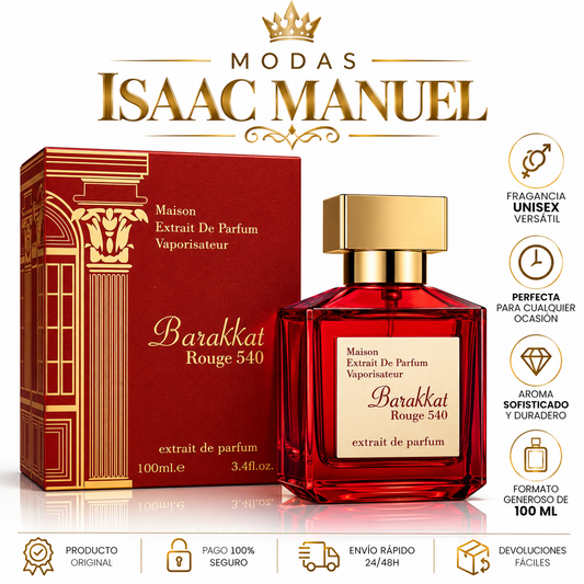 Frasco y estuche Barakkat Rouge 540 Extrait de Parfum de 100 ml con información promocional de Modas Isaac Manuel