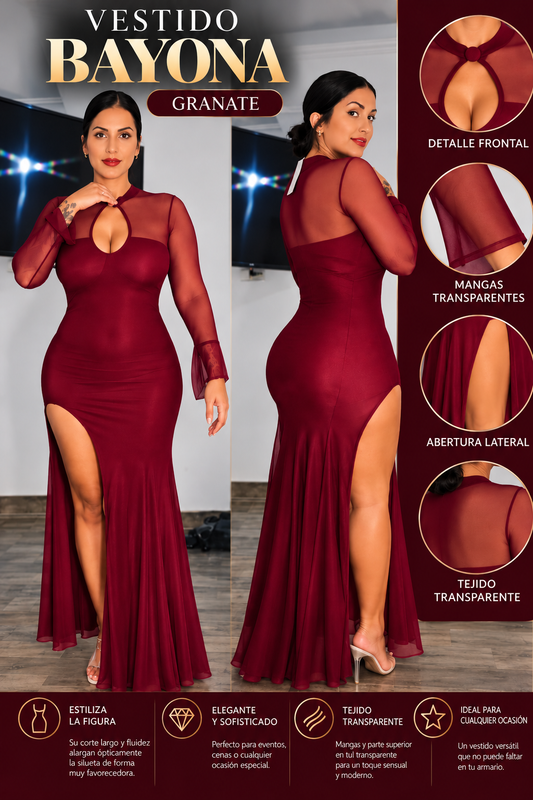 Vestido largo BAYONA granate con mangas transparentes y abertura lateral, vistas frontal y posterior