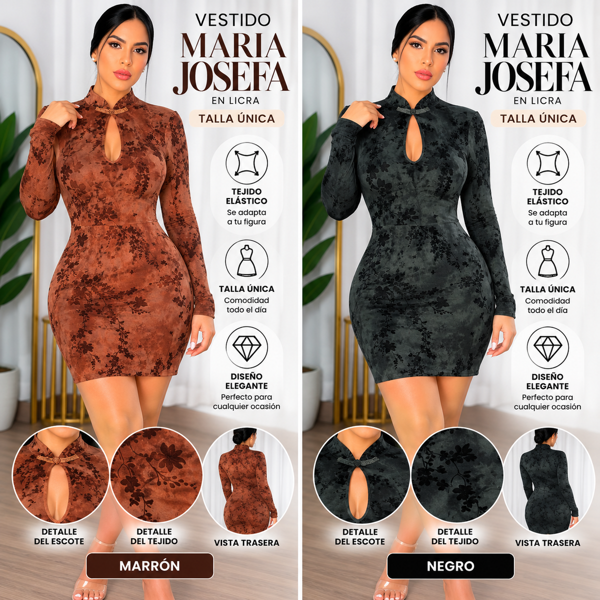 Collage del vestido MARÍA JOSEFA en marrón y negro con detalles del escote, tejido floral y vista trasera