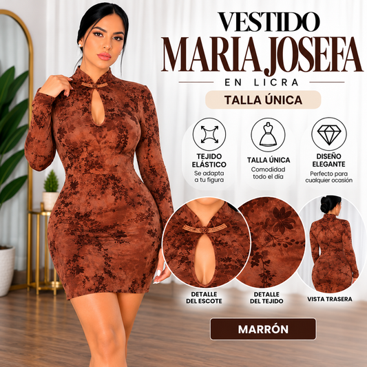 Vestido MARÍA JOSEFA marrón con motivo floral, cuello alzado y escote lágrima, con detalles y vista trasera