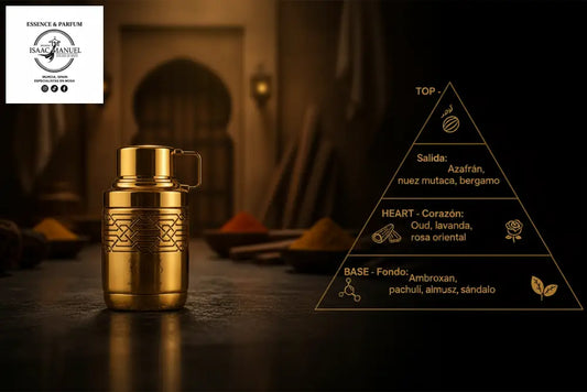 Pirámide olfativa Armaf Odyssey Aoud EDP - Salida azafrán nuez moscada bergamota, Corazón oud lavanda rosa oriental, Fondo ambroxan pachulí almizcle sándalo