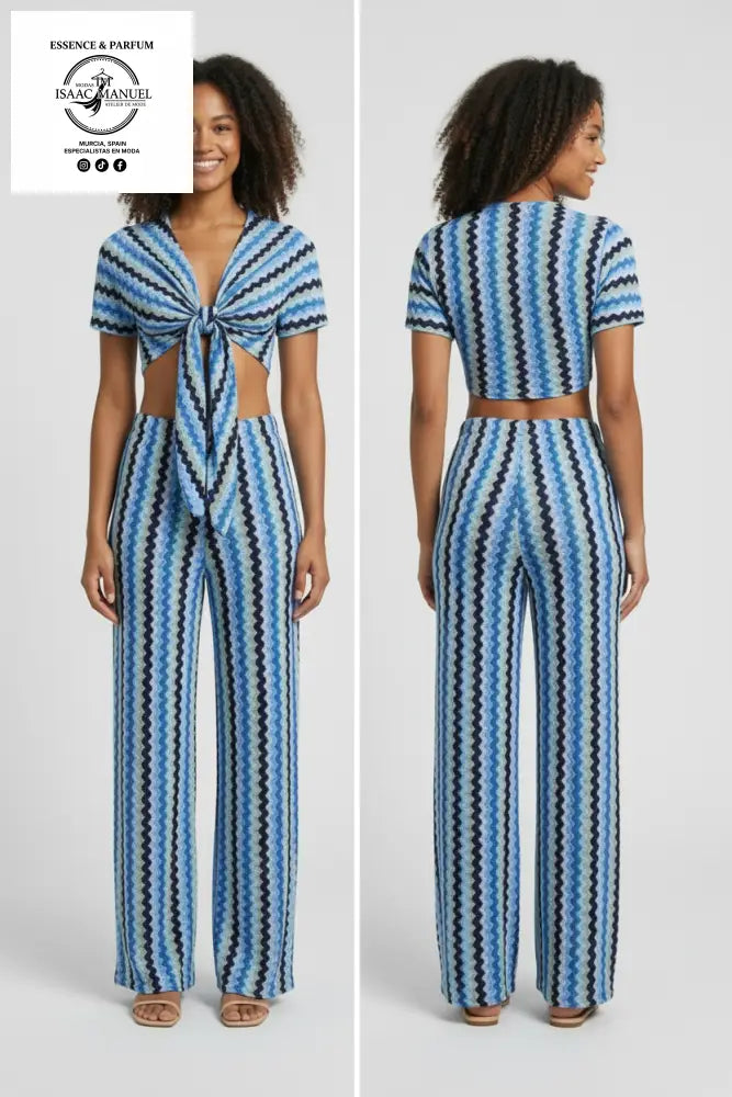 Conjunto crop top y pantalón zigzag color azul talla única – moda mujer Modas Isaac Manuel