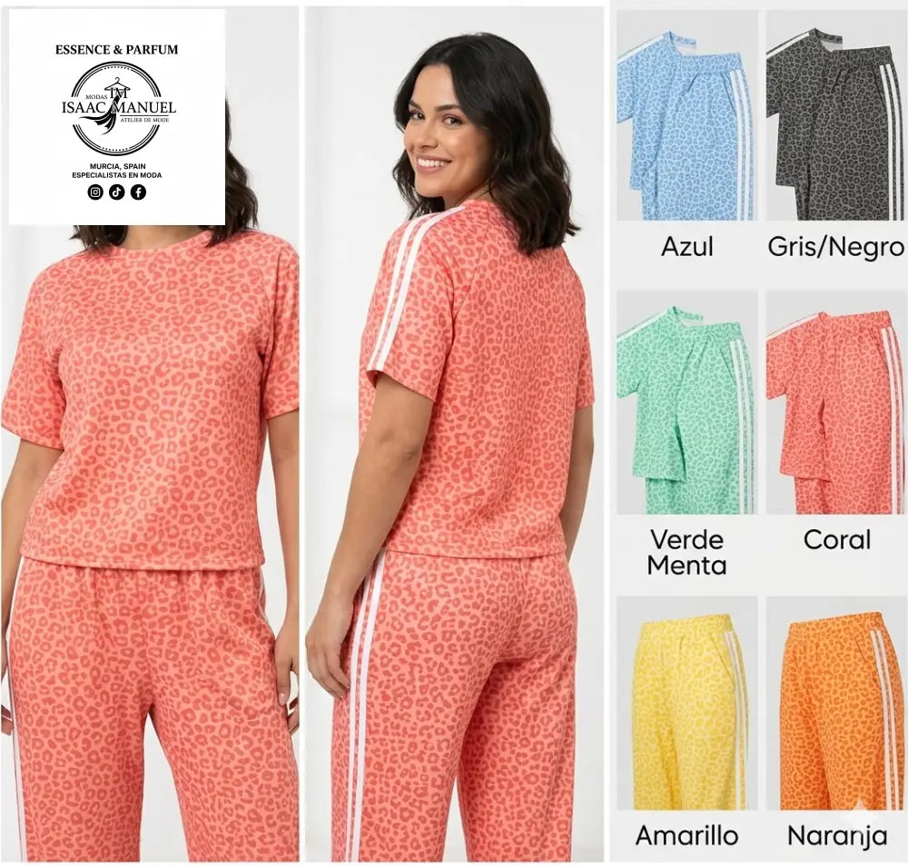 Variedad de colores para conjunto de descanso animal print: azul, gris, verde menta, coral, amarillo y naranja con detalle de rayas laterales.