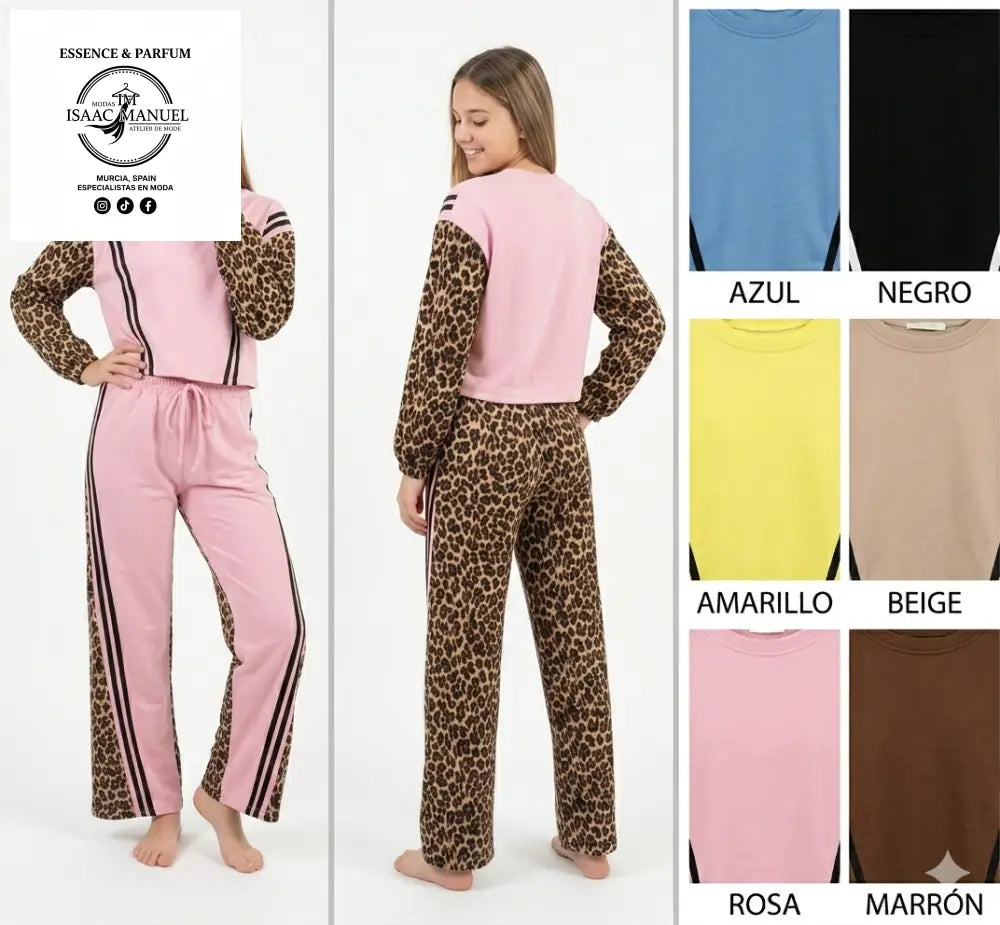 Conjunto loungewear de mujer en color rosa y estampado de leopardo. Sudadera ligera y pantalón con franjas deportivas negras laterales en talla única.