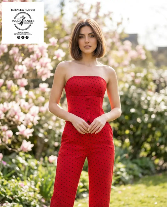 Conjunto Strapless de Lunares | Top y Pantalón Ancho con Bolsillos 46458 - Conjunto