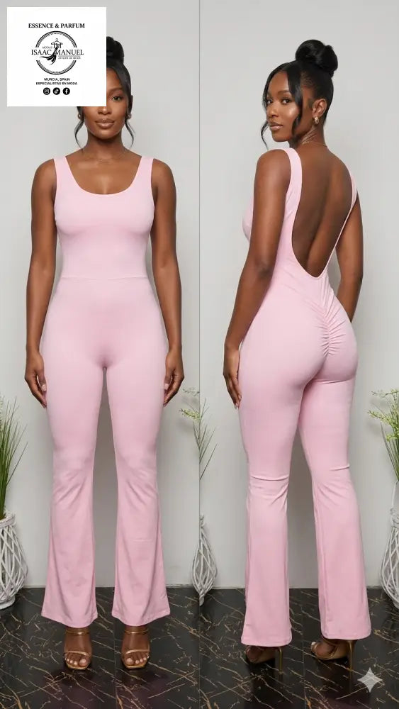 Enterizo rosa pastel bota ancha con tirantes anchos y costura especial para realce de glúteos