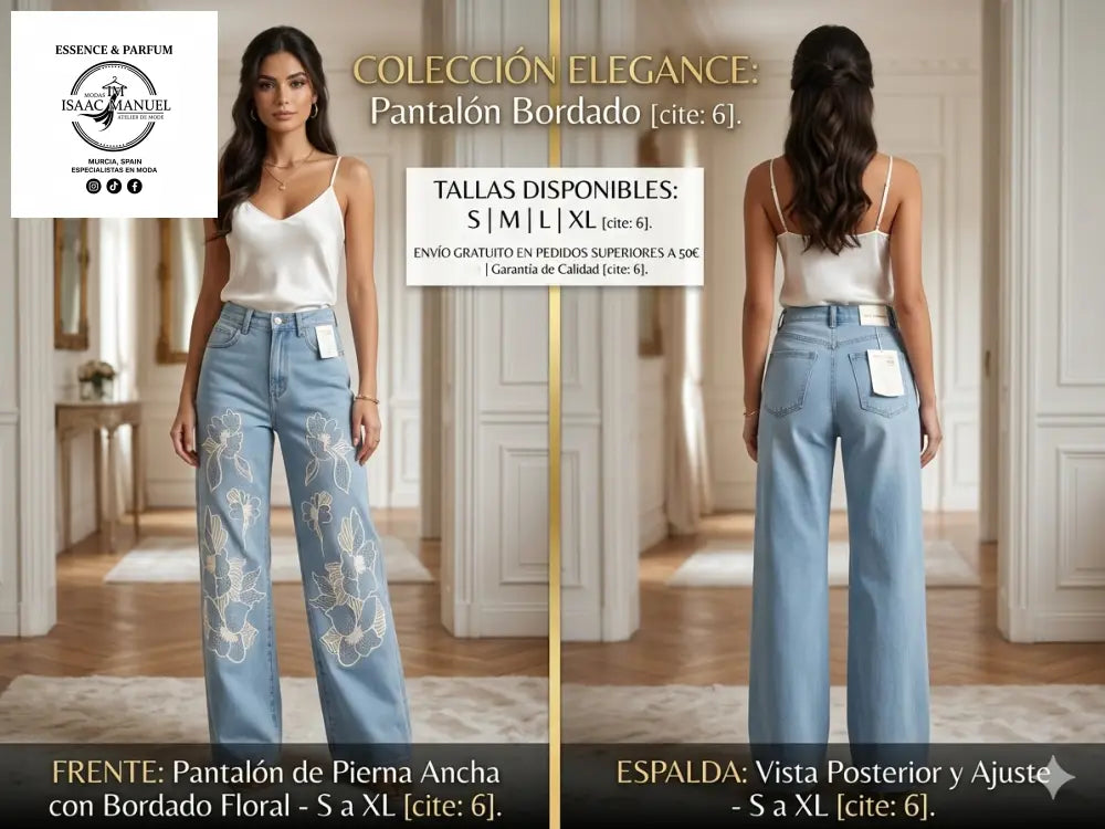 Descubre los jeans de pierna ancha con bordado floral artesanal. Tiro alto, estilo boho-chic y máxima comodidad. Disponibles hasta la XXL. ¡Compra con descuento!