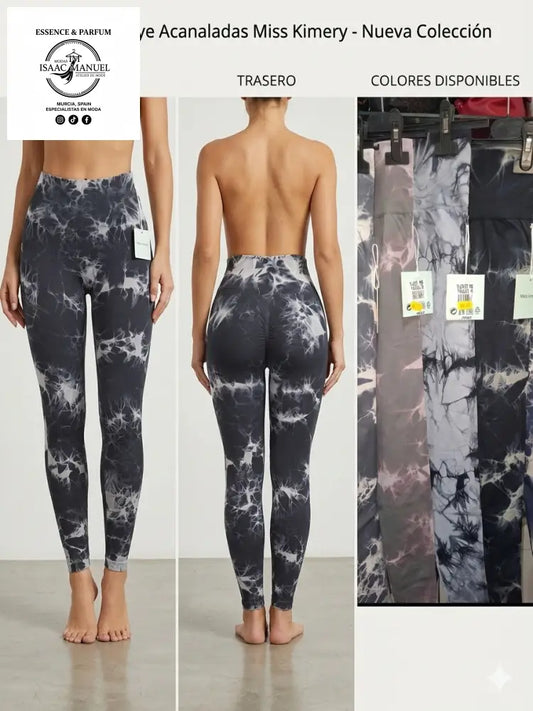 Mallas Tie-Dye acanaladas Miss Kimery color gris con efecto push-up trasero y cintura alta. Vista de frente, espalda y detalle de colores disponibles en colgadores.