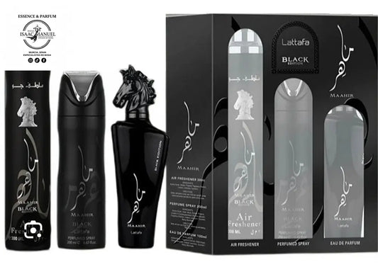 Consigue el exclusivo Pack Maahir Black Edition de Lattafa. Incluye Perfume 100ml, Spray y Ambientador. Aroma intenso a cuero y oud. ¡Oferta limitada aquí!