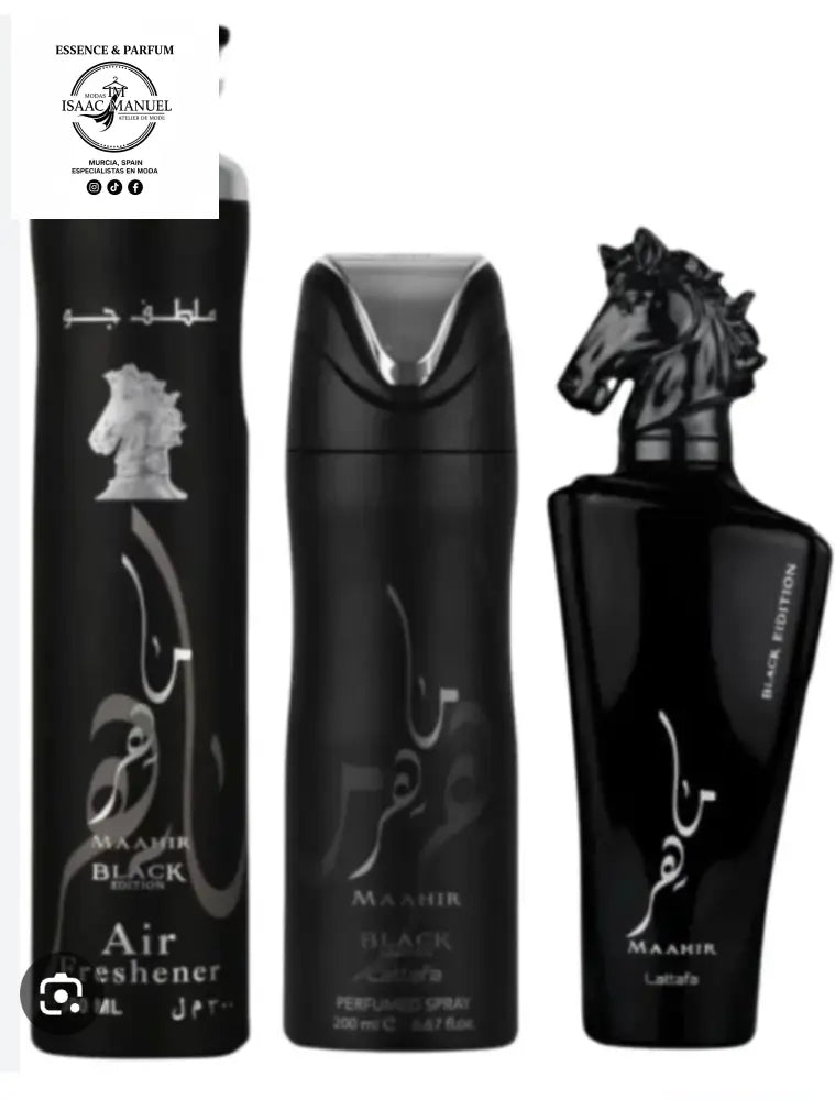 Consigue el exclusivo Pack Maahir Black Edition de Lattafa. Incluye Perfume 100ml, Spray y Ambientador. Aroma intenso a cuero y oud.