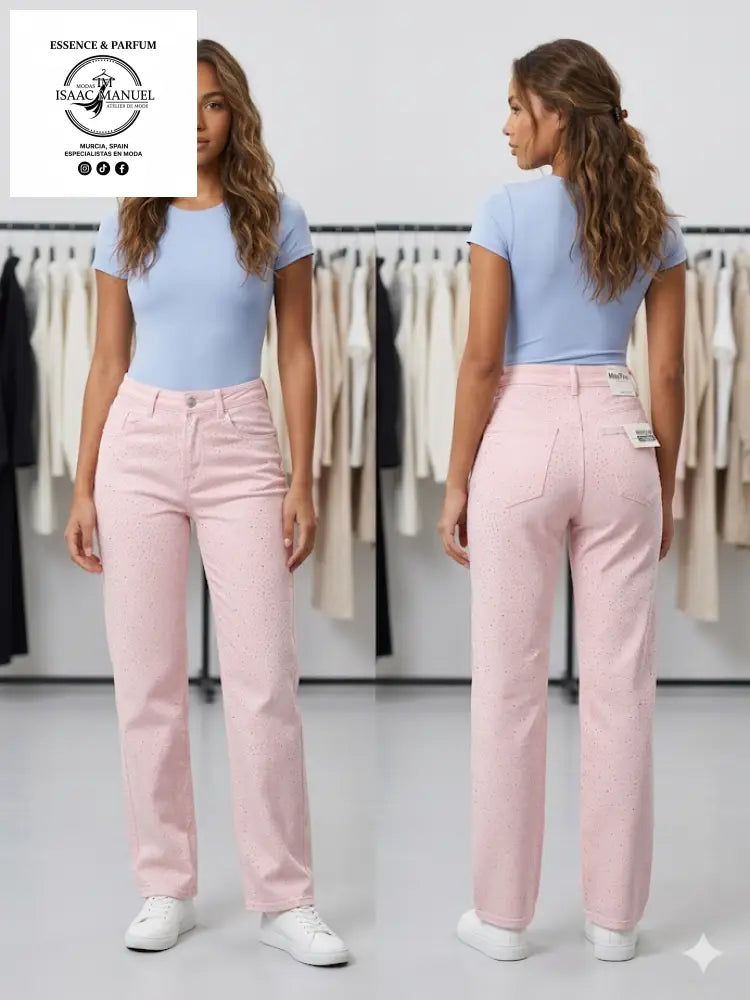 Pantalón Rosa Wide Leg con Strass | Moda Mujer MS-01 - Pantalones