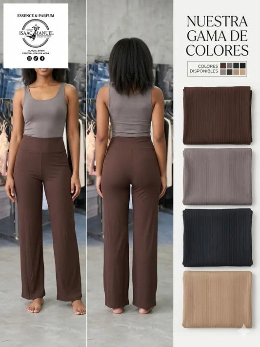 Pantalones de punto acanalado para mujer en color marrón chocolate. Diseño de pernera ancha y cintura alta con muestras de colores gris, topo, negro y azul marino.
