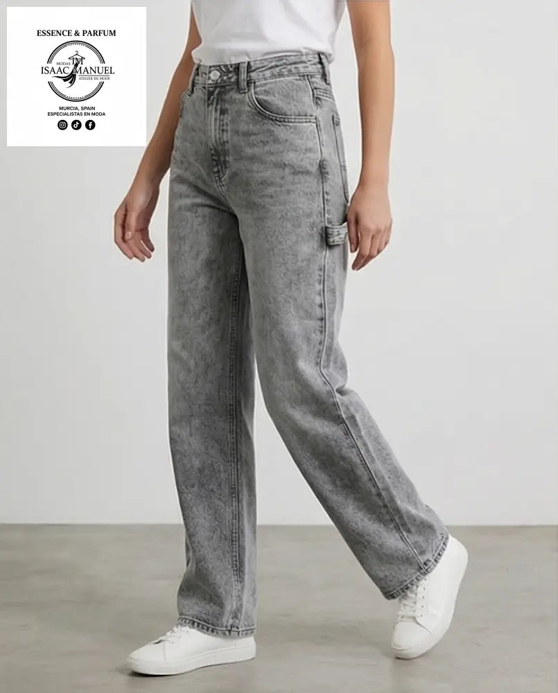 Vaquero Gris Wide Leg Acid Wash | Moda Mujer XY775 - XL - Pantalones