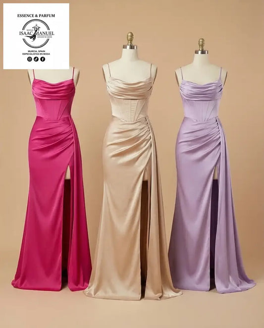 Compra el vestido satinado con corset y abertura lateral. Diseño elegante con escote drapeado disponible en fucsia, dorado y lavanda.