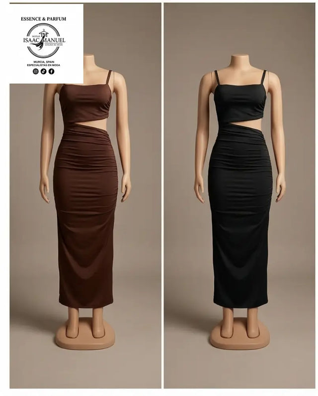 Compra el vestido maxi con cut-out y detalle fruncido ideal para fiestas y eventos. Disponible en negro, magenta y marrón.