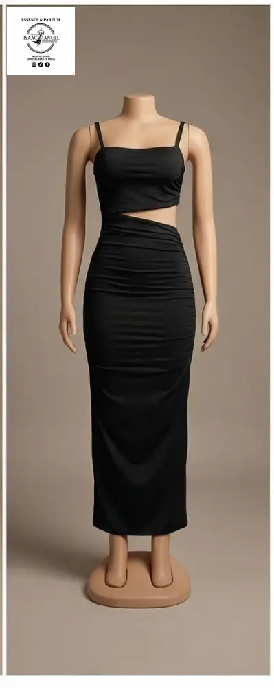 Vestido Maxi ’Night Muse’ – Sofisticación con Cut-Out y Detalle Fruncido Negro VESTIDO