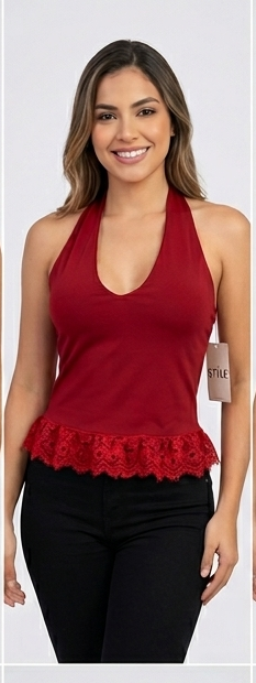 Top Halter con Encaje Mujer | Escote V y Volante Bajo | Talla Única | Azul, Rosa, Negro y Granate