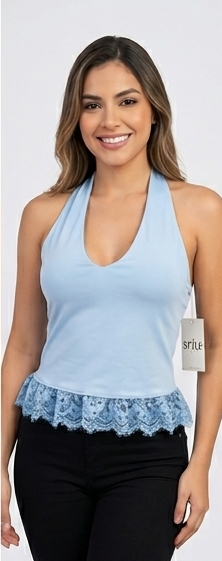 Top Halter con Encaje Mujer | Escote V y Volante Bajo | Talla Única | Azul, Rosa, Negro y Granate