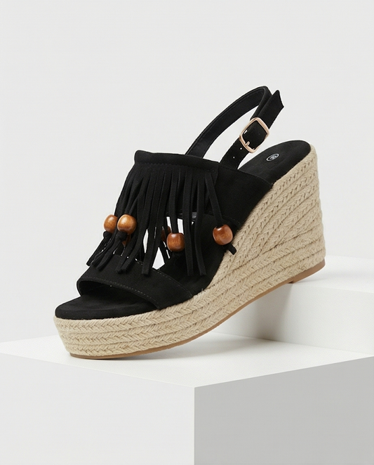 Sandalia Cuña Esparteña con Flecos y Cuentas de Madera Mujer | Estilo Boho-Chic | Negro | Tallas 36-41