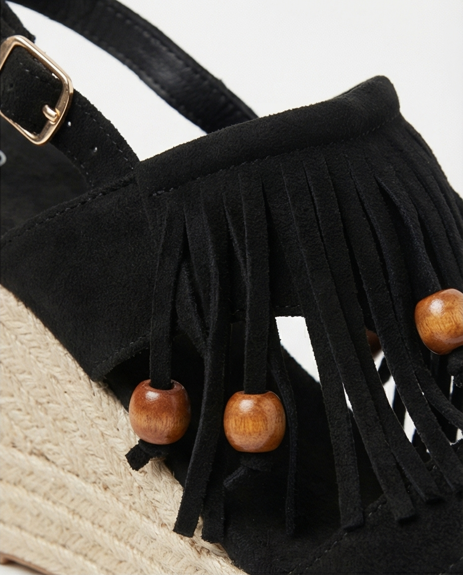 Sandalia Cuña Esparteña con Flecos y Cuentas de Madera Mujer | Estilo Boho-Chic | Negro | Tallas 36-41