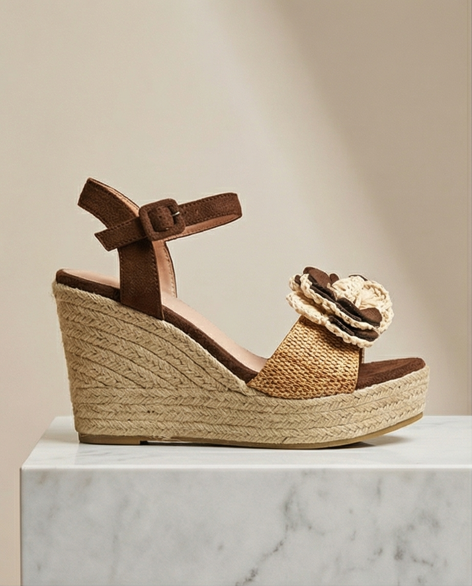 Sandalia Cuña Esparteña con Flor de Rafia y Pulsera Mujer | Estilo Mediterráneo | Camel | Tallas 36-41