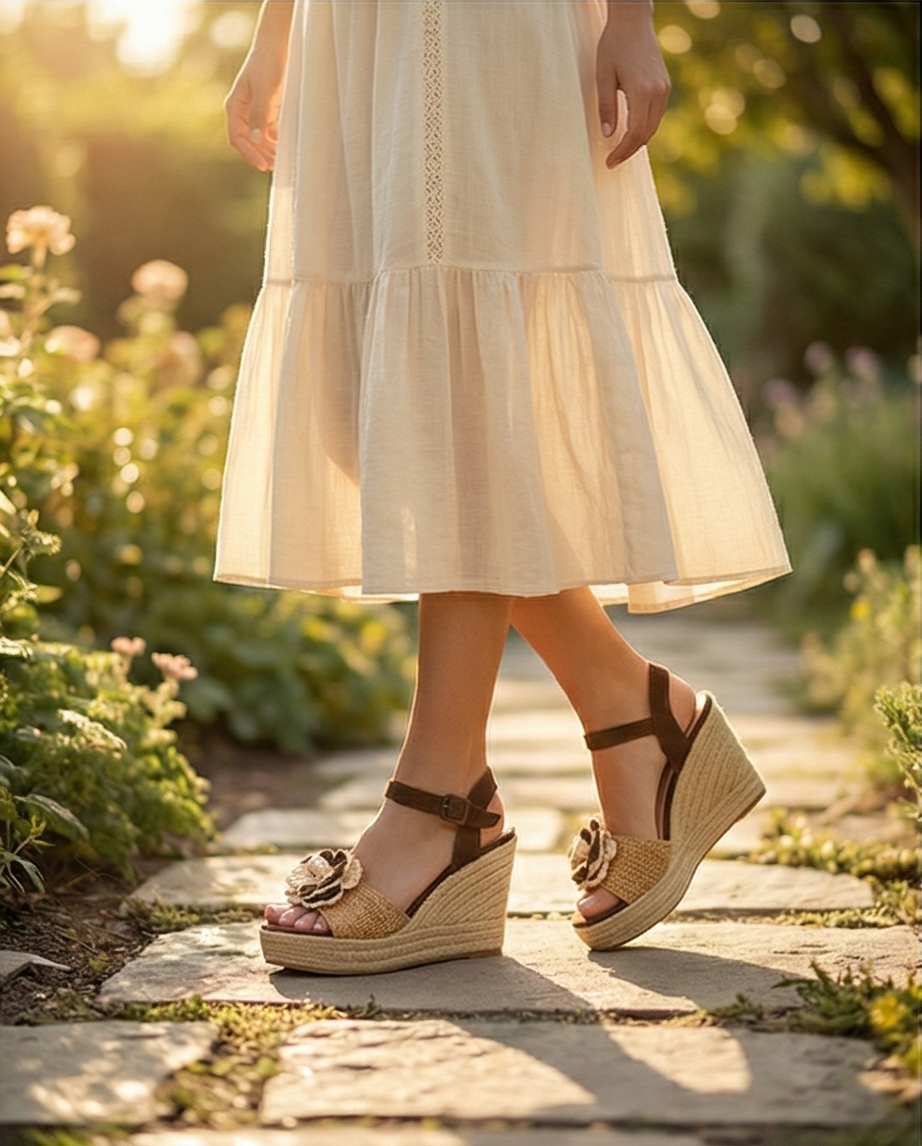 Sandalia Cuña Esparteña con Flor de Rafia y Pulsera Mujer | Estilo Mediterráneo | Camel | Tallas 36-41