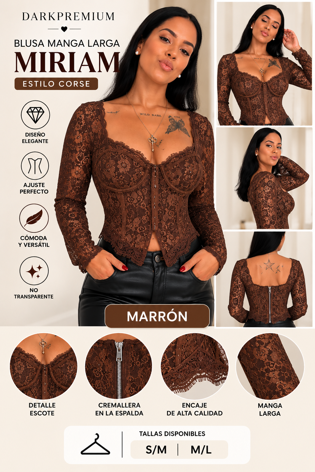Blusa MIRIAM de Encaje Manga Larga Estilo Corsé