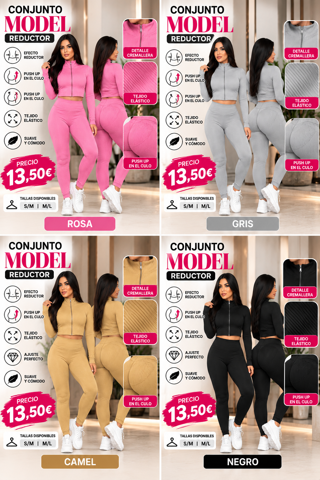 Collage del conjunto MODEL en rosa, gris, camel y negro, tallas S/M y M/L