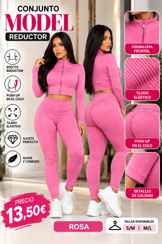 Conjunto MODEL rosa con cremallera frontal y detalles de los leggings acanalados