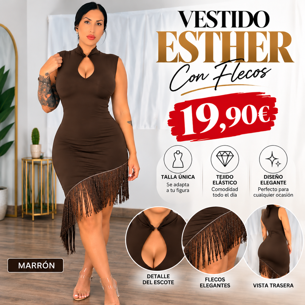 Vestido ESTHER marrón sobre modelo con bajo asimétrico y detalles de los flecos