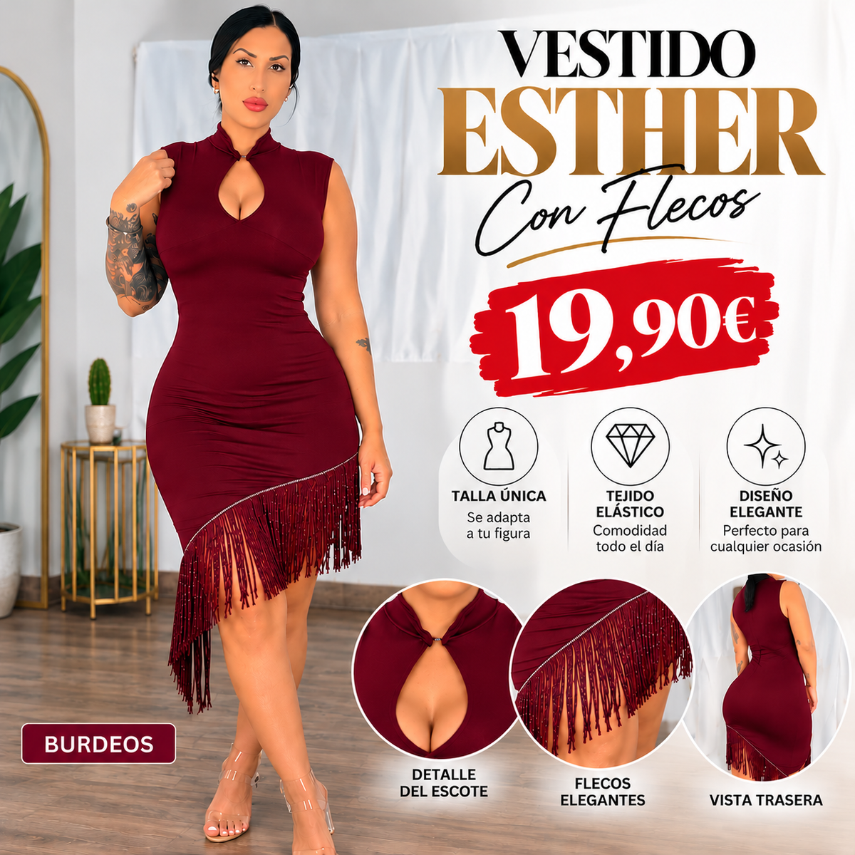 Vestido ESTHER burdeos con escote lágrima, flecos asimétricos y vista trasera