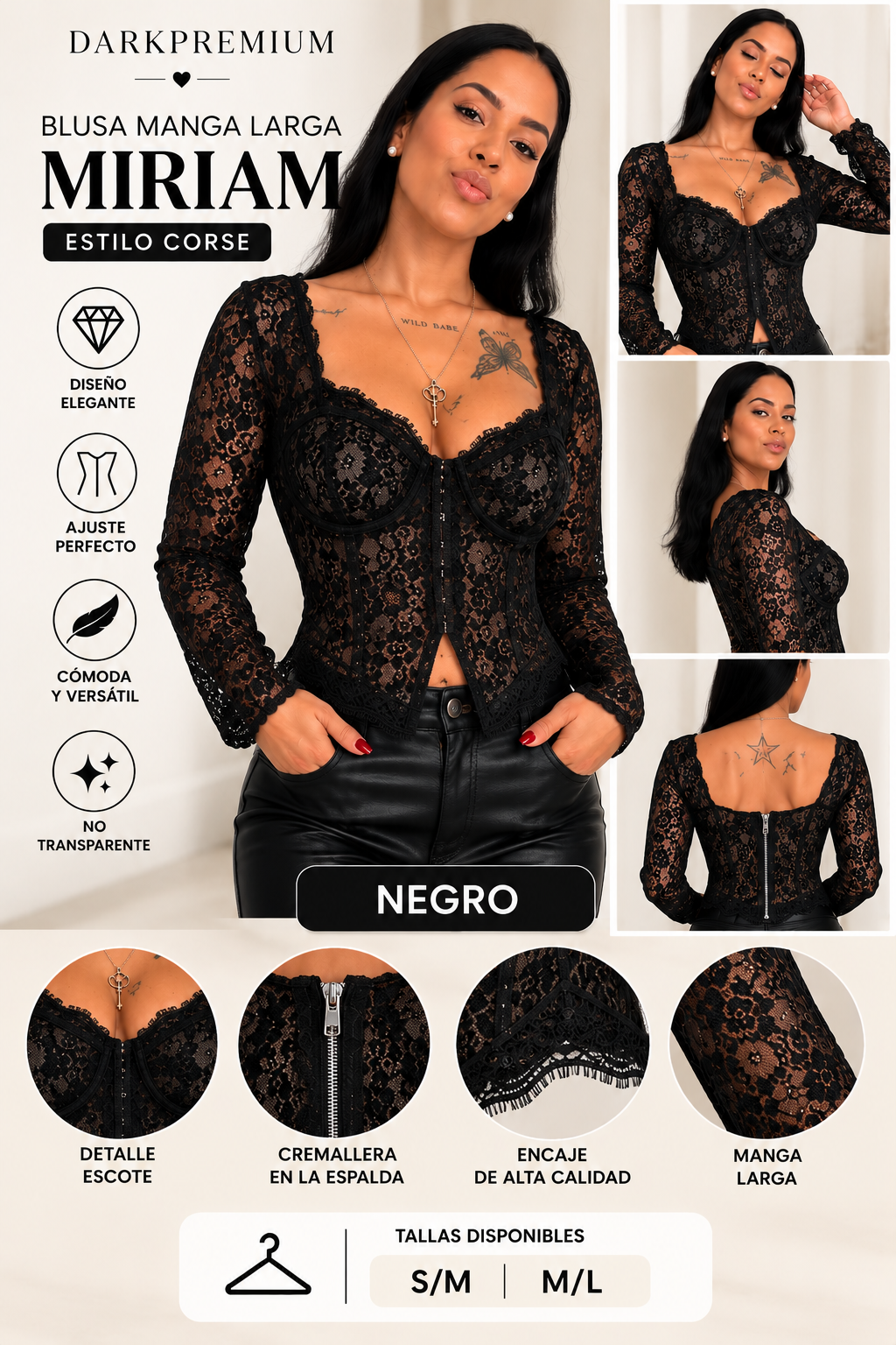 Blusa MIRIAM de Encaje Manga Larga Estilo Corsé