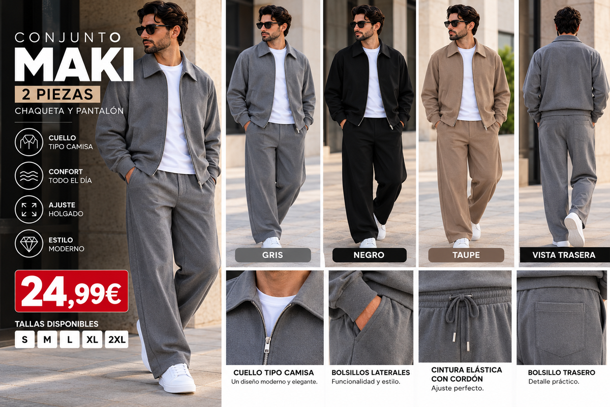Conjunto MAKI Hombre de 2 Piezas con Cuello Camisero y Pantalón Wide Leg